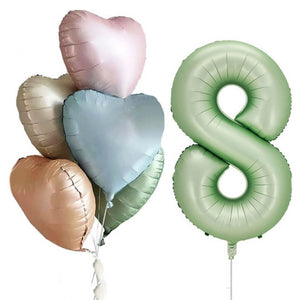 Pack of 6 Assorted Retro Heart All Age Birthday Balloons with a Jumbo Olive Green Number 8