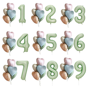 Pack of 6 Assorted Retro Heart All Age Birthday Balloons with a Jumbo Olive Green Number