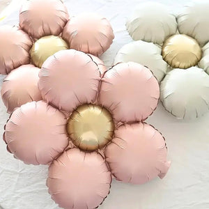 Vintage coloured five-petal daisy foil balloons with gold centre