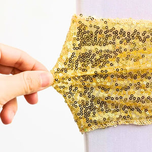 Reusable stretch gold sequin chair sash for weddings, birthdays, and showers