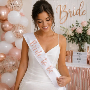 White Bride To Be Bridal Shower Sash - Rose Gold Print