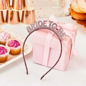 Rose gold glitter headband with Bride To Be text for hen party celebrations