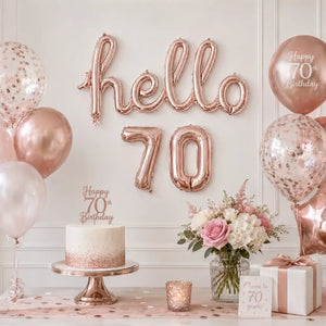 Rose Gold 'hello 70' Birthday Foil Balloon Banner