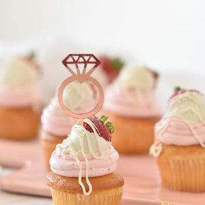 Acrylic Rose Gold Mirror Diamond Wedding Ring Cupcake Topper 10 Pack