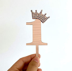 Acrylic Rose Gold Mirror Number 1 Rhinestone Crown Cupcake Topper