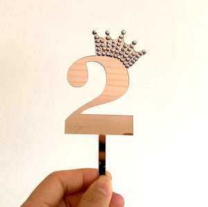Acrylic Rose Gold Mirror Number 2 Rhinestone Crown Cupcake Topper