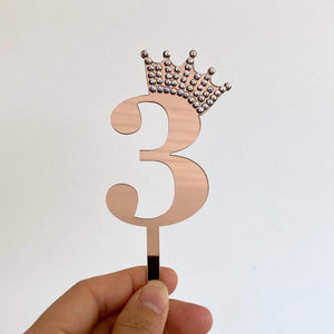 Acrylic Rose Gold Mirror Number 3 Rhinestone Crown Cupcake Topper