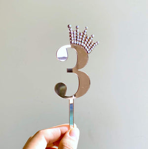 Acrylic Rose Gold Mirror Number 3 Rhinestone Crown Cupcake Topper