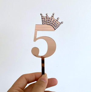 Acrylic Rose Gold Mirror Number 5 Rhinestone Crown Cupcake Topper