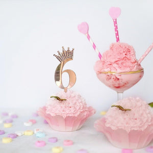 Acrylic Rose Gold Mirror Number 6 Rhinestone Crown Cupcake Topper