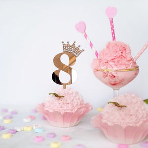 Acrylic Rose Gold Mirror Number 8 Rhinestone Crown Cupcake Topper