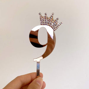 Acrylic Rose Gold Mirror Number 9 Rhinestone Crown Cupcake Topper