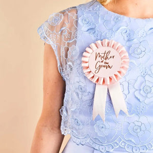 She Said Yaaas Mother of the Groom Badge in blush pink satin with rose-gold foil ribbons