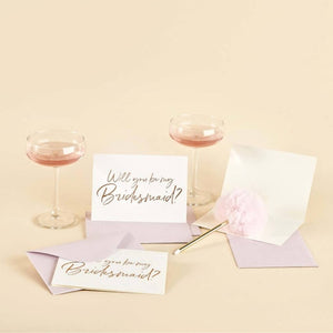 Will You Be My Bridesmaid cards with rose gold foil and blush envelopes