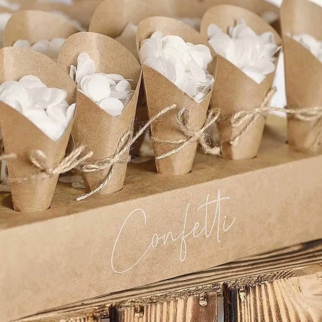 Rustic Romance Wedding Confetti Cone Holder Stand with Confetti & 24 kraft cones