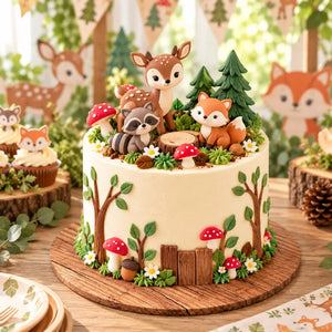 Woodland birthday cake with forest animal decorations displayed on a rustic wood effect cake board