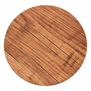 Rustic wood effect round cake board measuring 10 inches with realistic brown timber-plank print