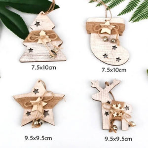 Set of wooden Christmas hanging ornaments with measurements on a white background.