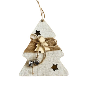 Christmas tree wooden hanging decoration with bells and jute wrap