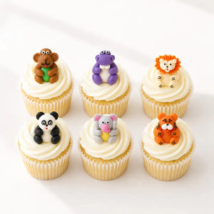 Safari Jungle Animal Full Body Sugar Decorations 6 Pack featuring monkey, hippo, lion, panda, elephant and tiger edible cake toppers