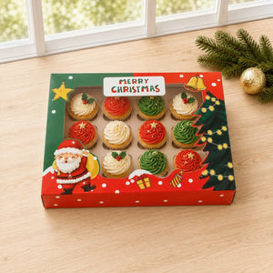 Santa Merry Christmas 12 cupcake box with clear window and insert