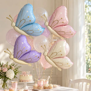 Side-facing butterfly foil balloons with upright overlapping wings