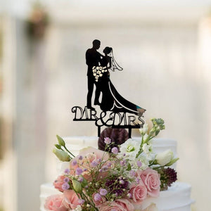 Silhouette Wedding Couple Holding Flower Bouquet Mr & Mrs Cake Topper