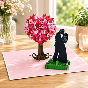 Silhouette Couple Kissing Near Pink Heart Tree 3D Pop Up Valentine's Day Card