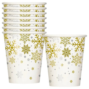 Silver and gold snowflake Christmas paper cups 270mL pack of 8