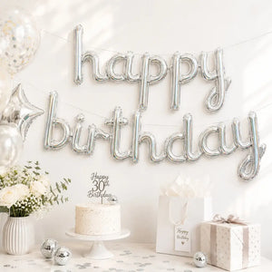 Silver 'happy birthday' Script Foil Balloon Banner
