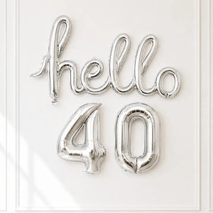 Silver 'hello 40' Script Birthday Foil Balloon Banner