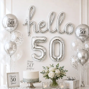 Silver 'hello 50' Birthday Foil Balloon Banner