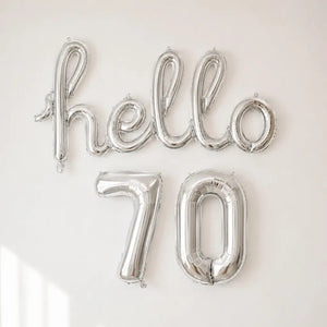 Silver 'hello 70' Script Birthday Foil Balloon Banner