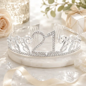 Rhinestone Age 21 Birthday Metal Tiara - Silver