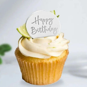 Acrylic Silver Round Disc Happy Birthday Cupcake Topper