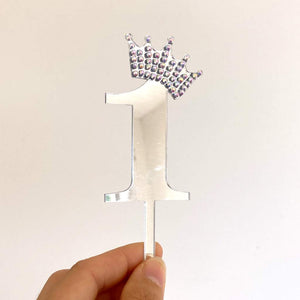Acrylic Silver Mirror Number 1 Rhinestone Crown Cupcake Topper