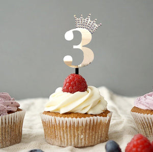 Acrylic Silver Mirror Number 3 Rhinestone Crown Cupcake Topper