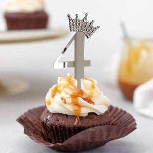 Acrylic Silver Mirror Number 4 Rhinestone Crown Cupcake Topper