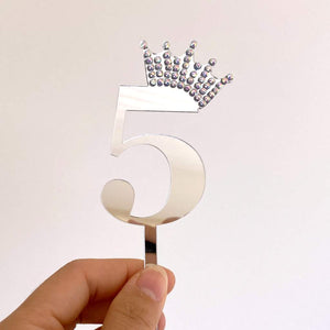 Acrylic Silver Mirror Number 5 Rhinestone Crown Cupcake Topper