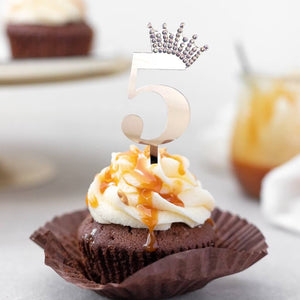 Acrylic Silver Mirror Number 5 Rhinestone Crown Cupcake Topper