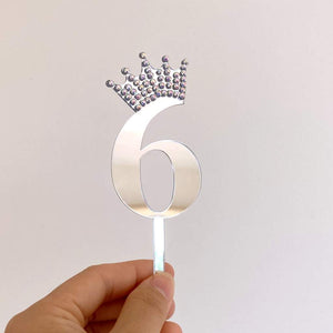 Acrylic Silver Mirror Number 6 Rhinestone Crown Cupcake Topper