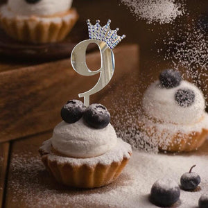 Acrylic Silver Mirror Number 9 Rhinestone Crown Cupcake Topper