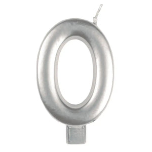 Metallic silver moulded number 0 birthday candle