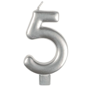 Metallic silver moulded number 5 birthday candle