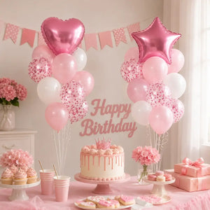 Soft pink heart and star confetti balloon bundle for girls birthday party decor
