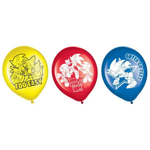 Sonic the Hedgehog 30cm printed latex balloons featuring Sonic, Tails and Shadow in blue, red and yellow colours, pack of 6 for gaming birthday party decorations.