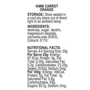 Nutritional facts and storage instructions for a 14 MM Carrot Orange sprinkles