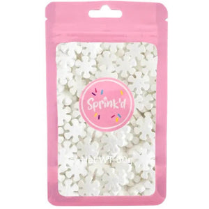 Sprink'd white 12mm snowflake sprinkles in a 60g resealable pouch for decorating Christmas cakes, Frozen-themed cupcakes, cookies and winter wonderland desserts.