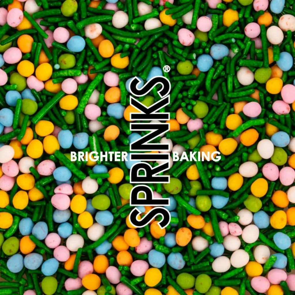 Pastel speckled egg sprinkles with green jimmies