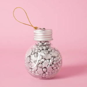 Glass JOY bauble filled with silver sprinkles for a Christmas gift
